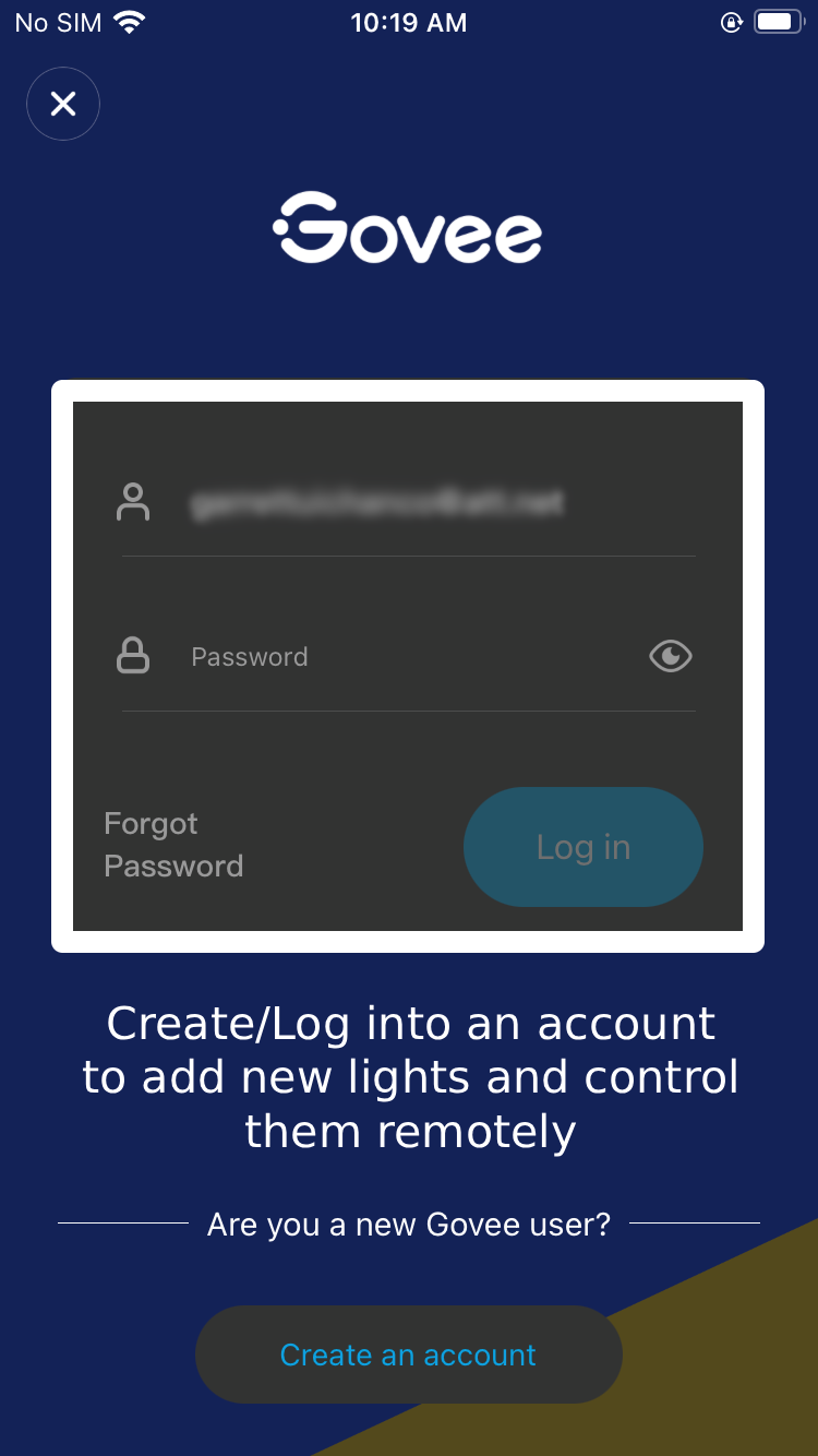 Screenshot of the Govee app login screen, showing fields for email and password, a 'Create an account' button, and a logo at the top.