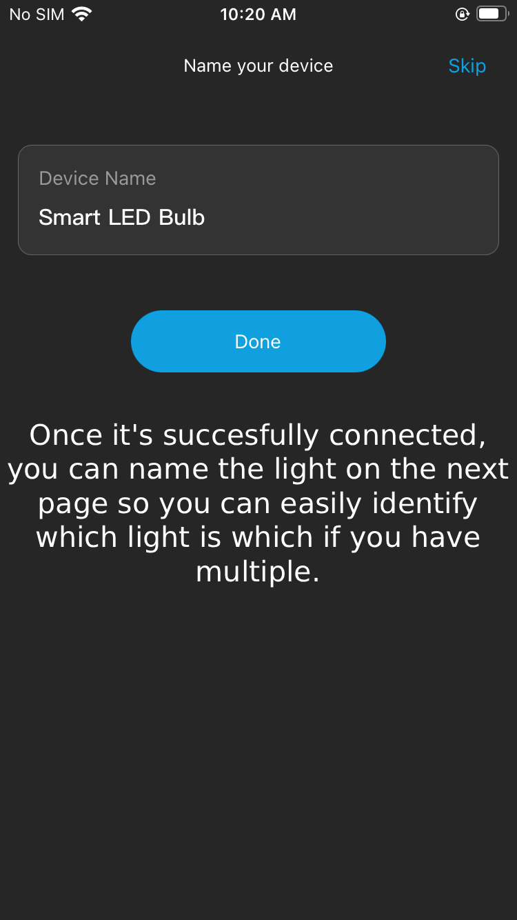 Mobile app screen showing device naming interface for a smart LED bulb, with a blue 'Done' button and instructions about labeling lights for easy identification.