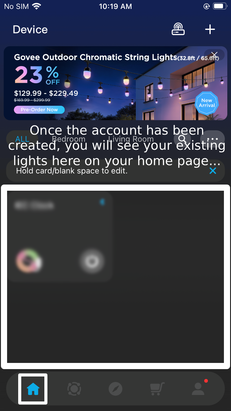 Mobile app screen displaying outdoor string lights with a promotional banner, account creation instructions, and a blurred control panel, with navigation icons at the bottom.