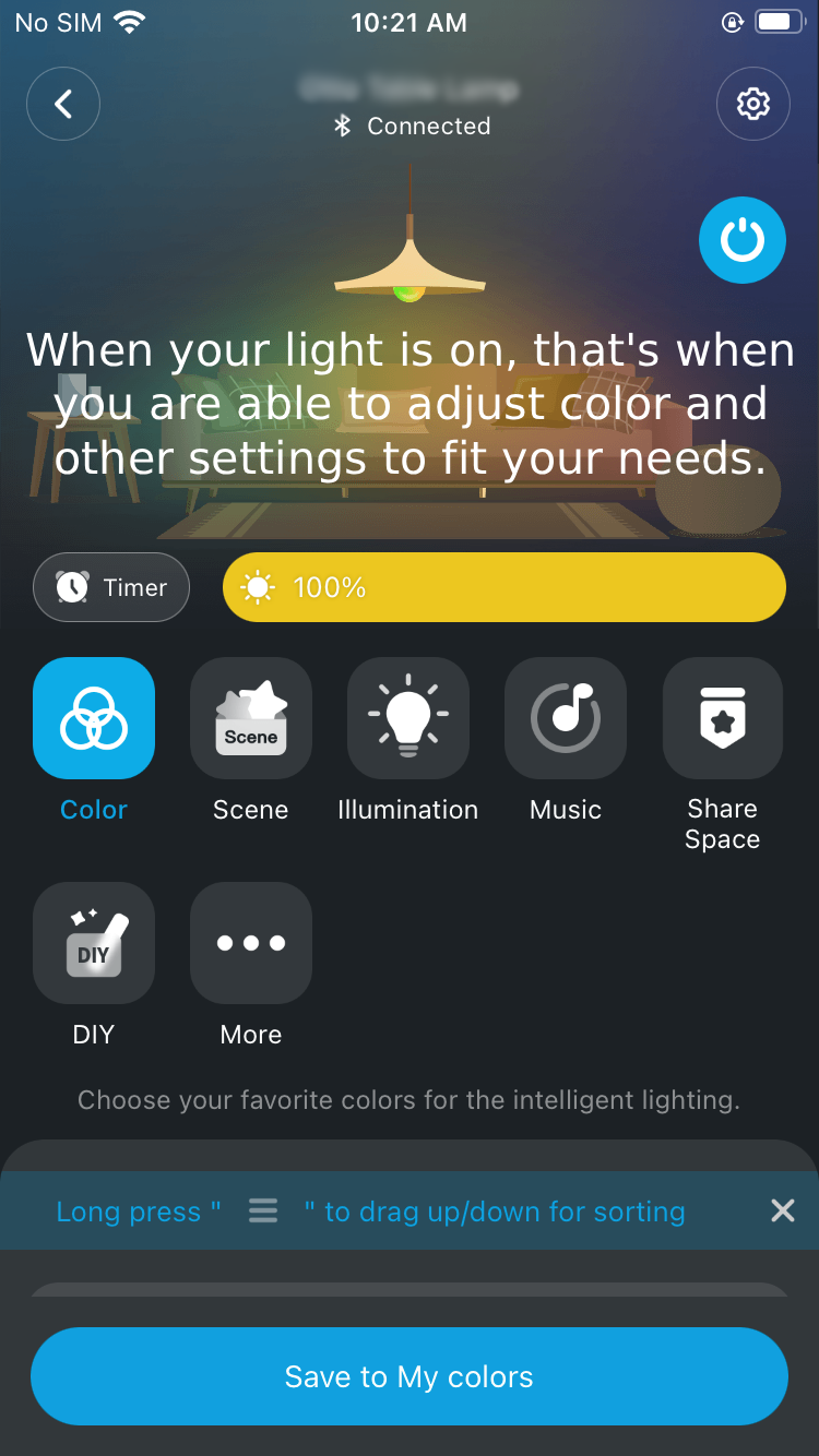 Screenshot of smart lighting app interface with a living room scene, showing a lamp hanging from the ceiling, furniture, and a message about adjusting light settings. The app has options for color, scene, illumination, music, share space, DIY, and more, with a yellow bar indicating 100% brightness.
