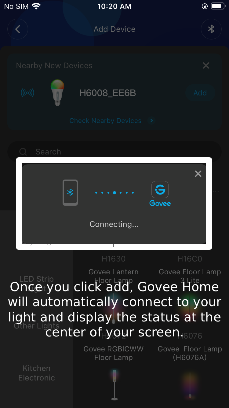 Screenshot of a mobile app screen showing a Bluetooth device connecting to Govee Home, with instructions to click add for automatic connection of smart lights.