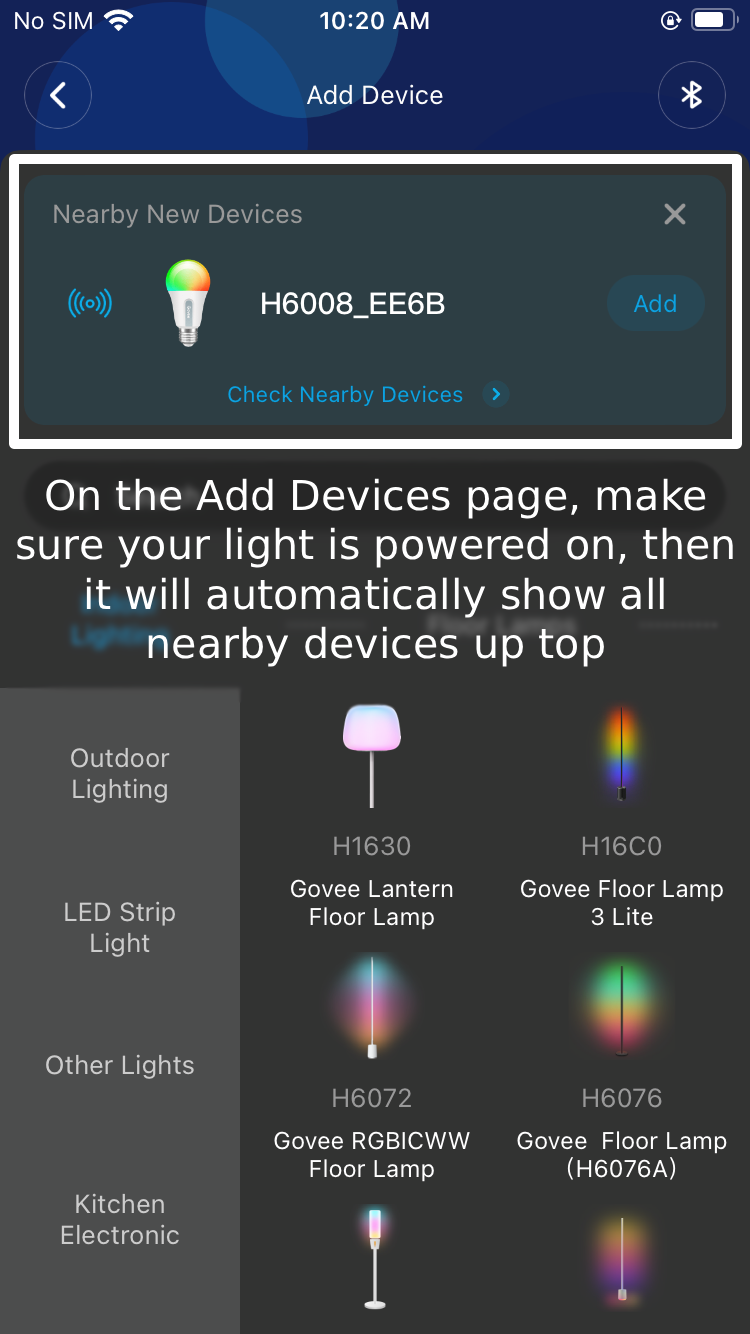 A smartphone screen showing the process of adding a nearby smart light device, with icons of different smart lights and a section explaining how to check for nearby devices.