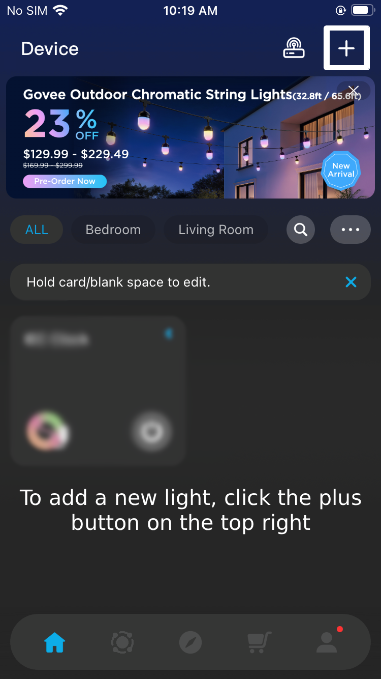 Mobile app screen showing smart light controls, with a promotional banner for outdoor chromatic string lights and a section for adding new lights.