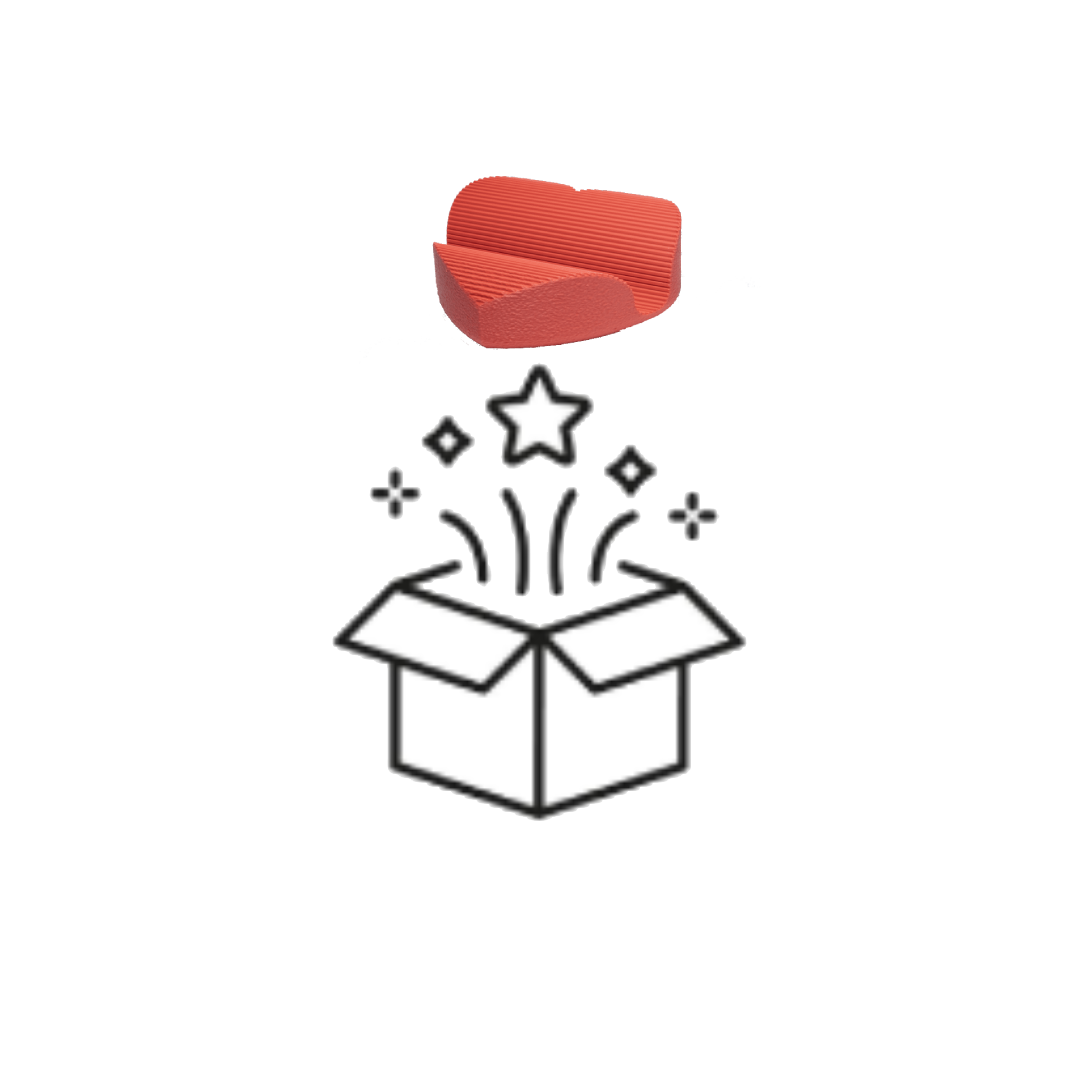 A red upholstered chair with a rounded back is positioned above an illustration of an open gift box with stars and sparkles emerging from it.