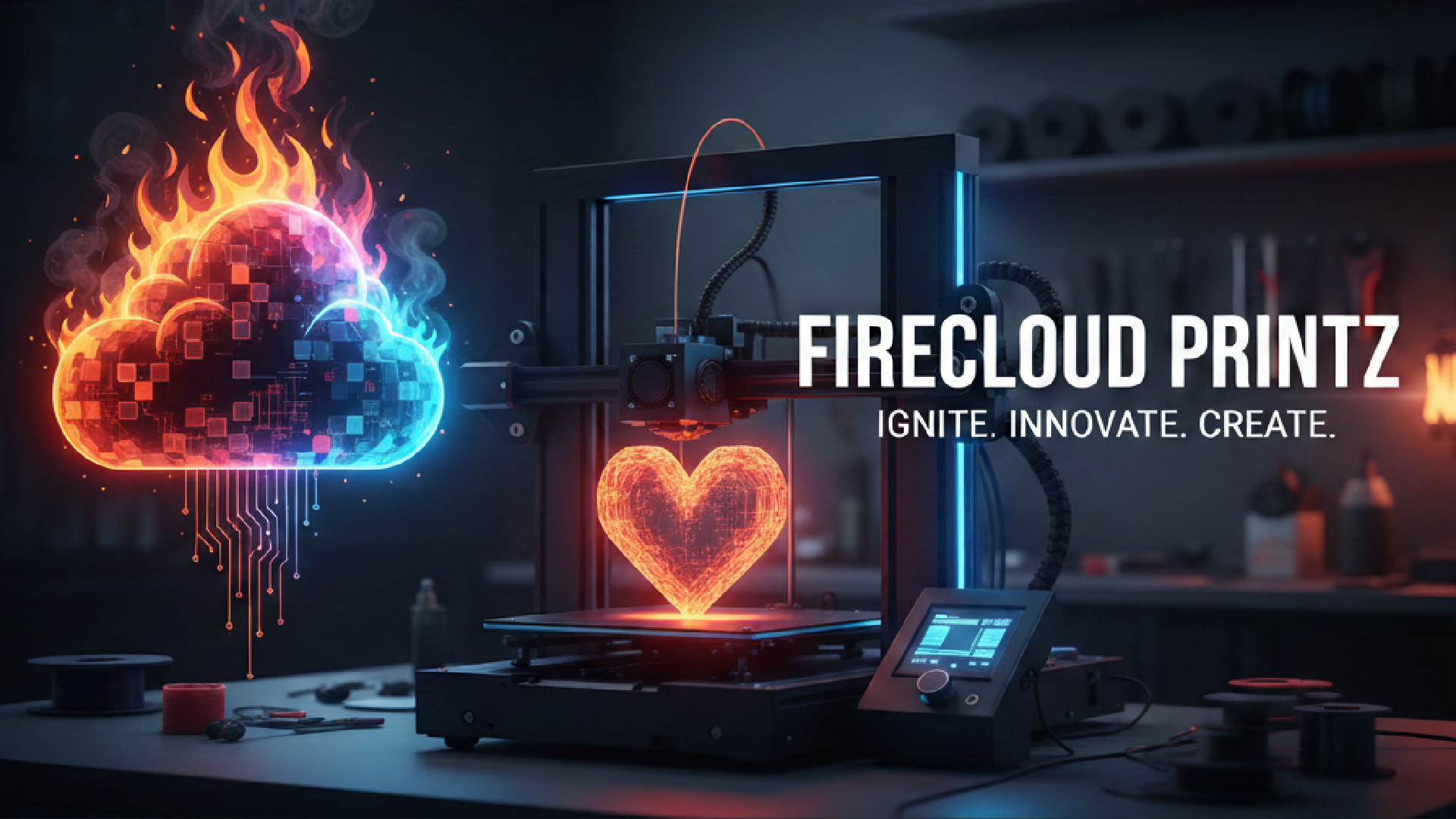 A 3D printer producing a glowing digital heart with a digital cloud on a dark workbench, with the words firecloud Printz, ignite, innovate, create.