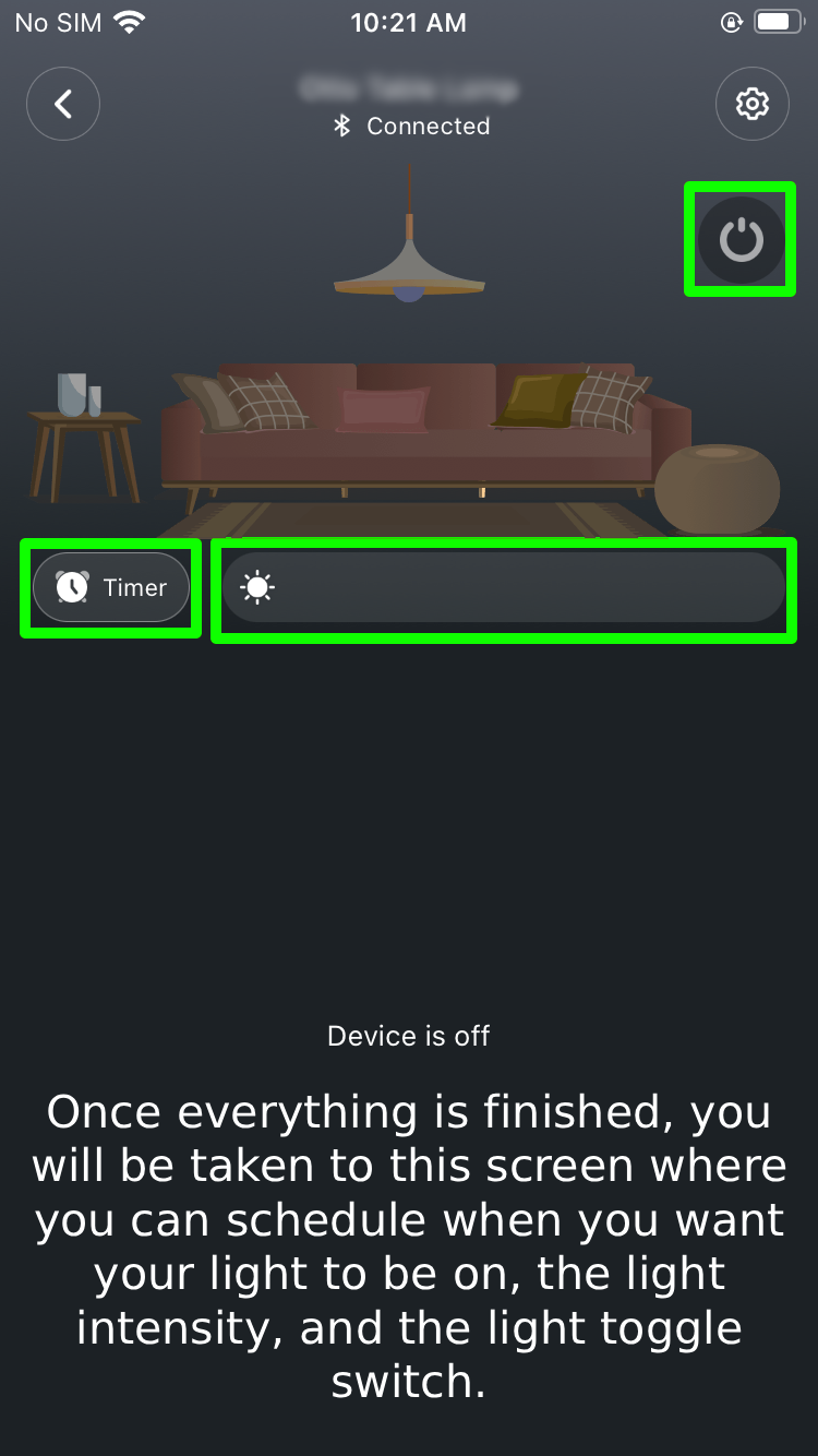 Smart home lighting app interface on a mobile screen, showing options to set a timer and adjust brightness with a power button at the top right corner.