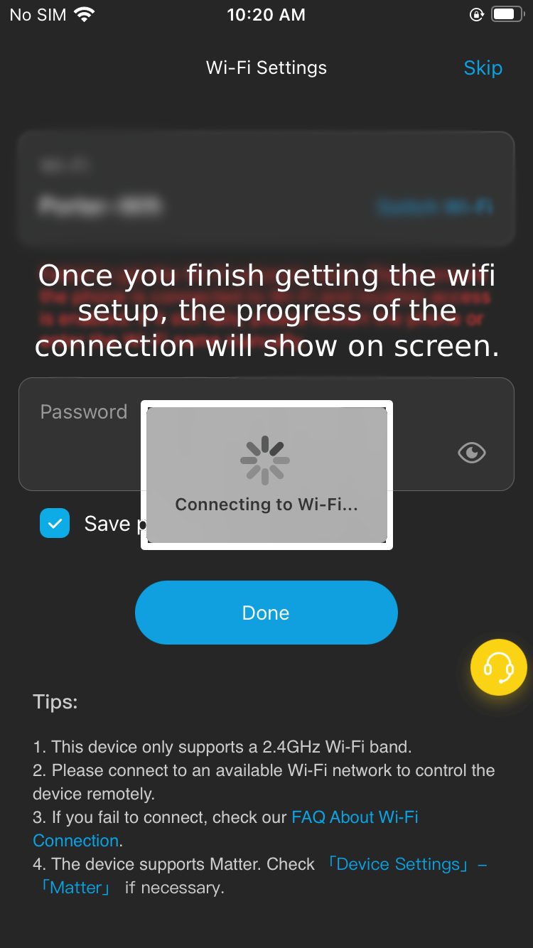 iPhone screen displaying Wi-Fi settings with a 'Connecting to Wi-Fi...' message and a progress indicator. Instructions on how to complete Wi-Fi setup are visible.