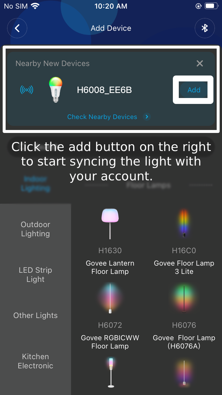 Mobile app screen showing nearby smart lights with options to add and sync devices, including Govee lantern, floor lamps, LED strip, and kitchen lights.