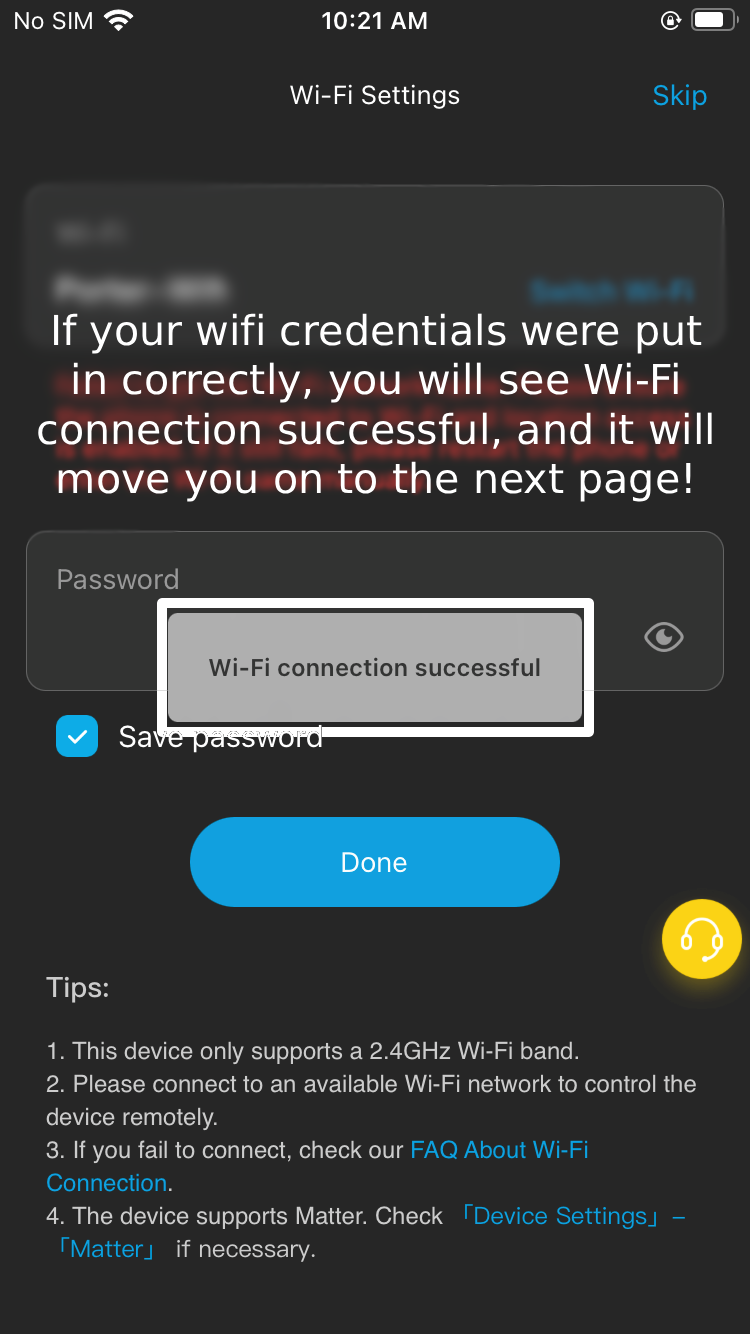 A smartphone screen displaying Wi-Fi settings with a pop-up message that reads 'Wi-Fi connection successful'. The screen shows instructions for connecting to Wi-Fi, a password field, an option to save the password, and a 'Done' button.