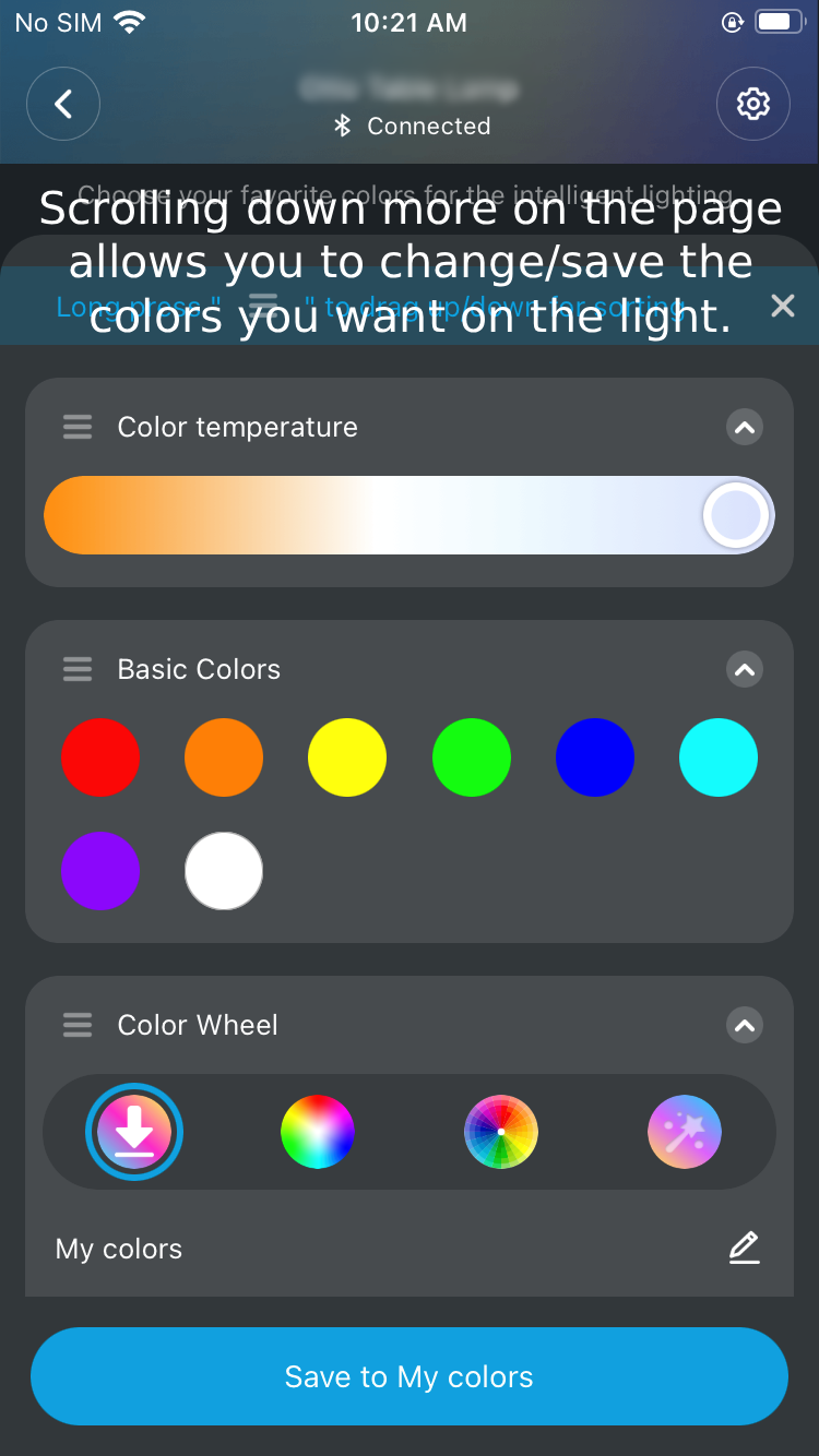 A mobile app interface for adjusting smart light colors and temperature, showing a slider for color temperature, basic color options, and a color wheel.