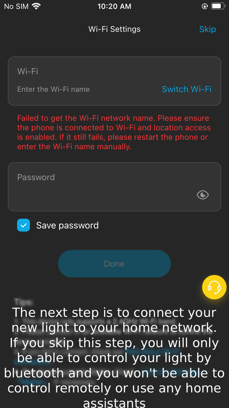 Screenshot of a mobile device's Wi-Fi setup screen with an error message in red, indicating failure to get the Wi-Fi network name, and a text explanation about connecting a smart light to a home network.