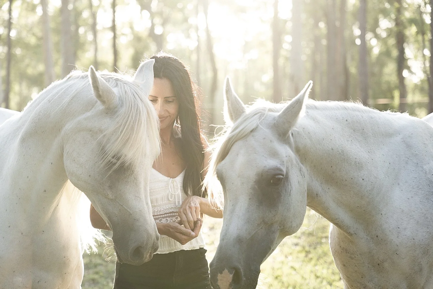 A woman with dark hair standing with two white horses in a sunlit forest clearing.