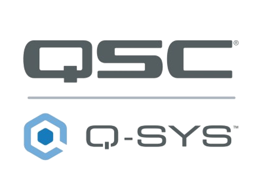 Logo featuring the text 'QSC' and 'Q-SYS' with a hexagon icon.