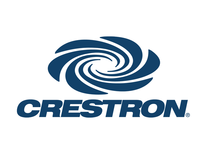 Crestron logo with a swirling spiral graphic above the company name in bold blue letters.