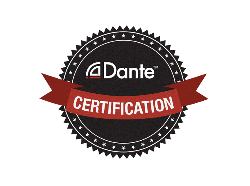 Dante certification badge with a black circular background, white text, and a red ribbon that reads 'CERTIFICATION'