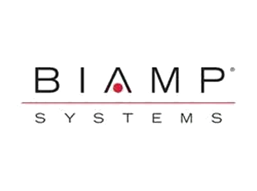 Logo for BIAMP Systems with black text and a red dot inside the letter 'A'.