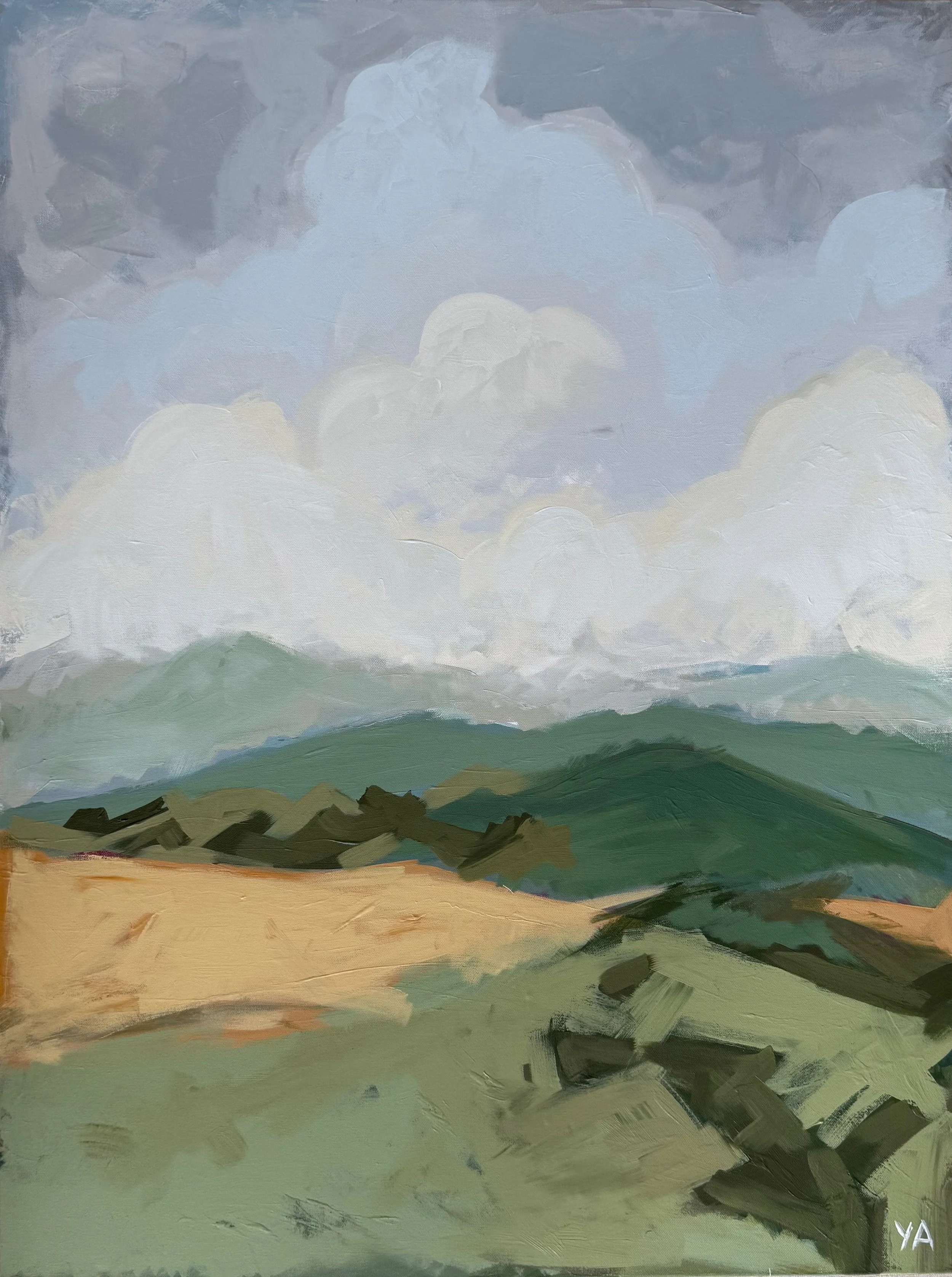 An abstract landscape painting depicting rolling green hills, a beige field, and a cloudy sky.