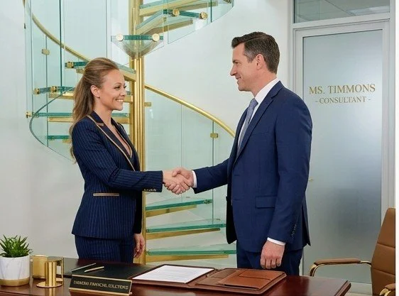 professional business woman in blue  suit with gold trim shaking hands with a client