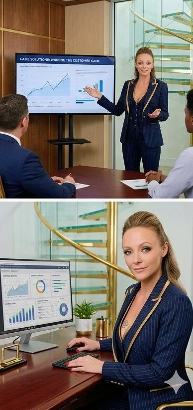 financial-endgame-solutions-professional  business woman in a blue with gold trim suit with a client showing him the analytics and data  to see his companies growth and the difference between before our service and after.