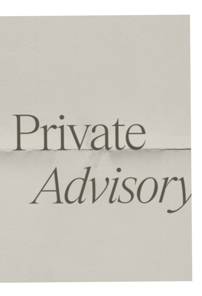 Sign with the words "Private Advisory" on a textured, beige background, the service that Tanya Jacobson, Capacity advisor that removes founder dependency and expands capacity for scaling founders, offers.
