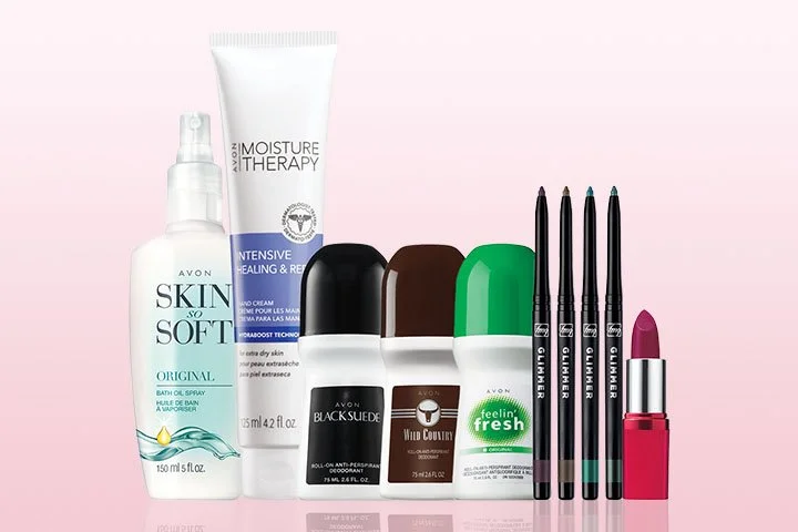 Collection of skincare and makeup products, including spray, lotion, deodorants, and makeup pencils with a tube of lipstick, arranged on a pink background.