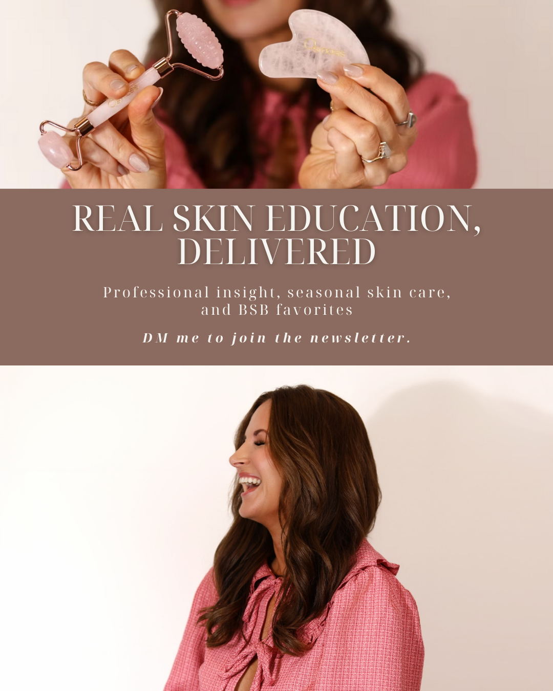 A woman holding a skincare jade roller and gua sha tools, smiling and wearing a pink top.