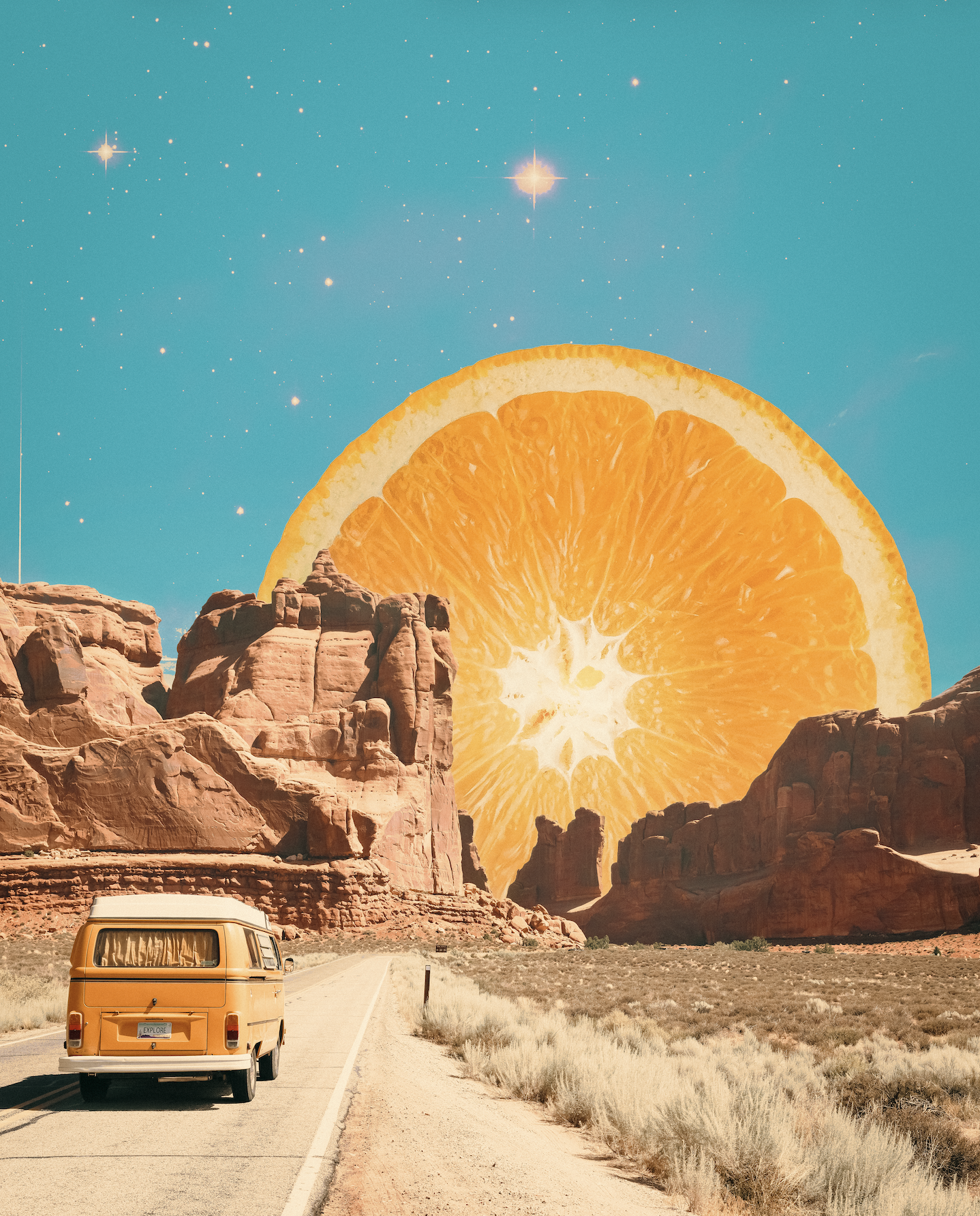 A scenic desert road with a vintage yellow van driving toward large rock formations under a starry sky with a giant slice of orange in the sky.