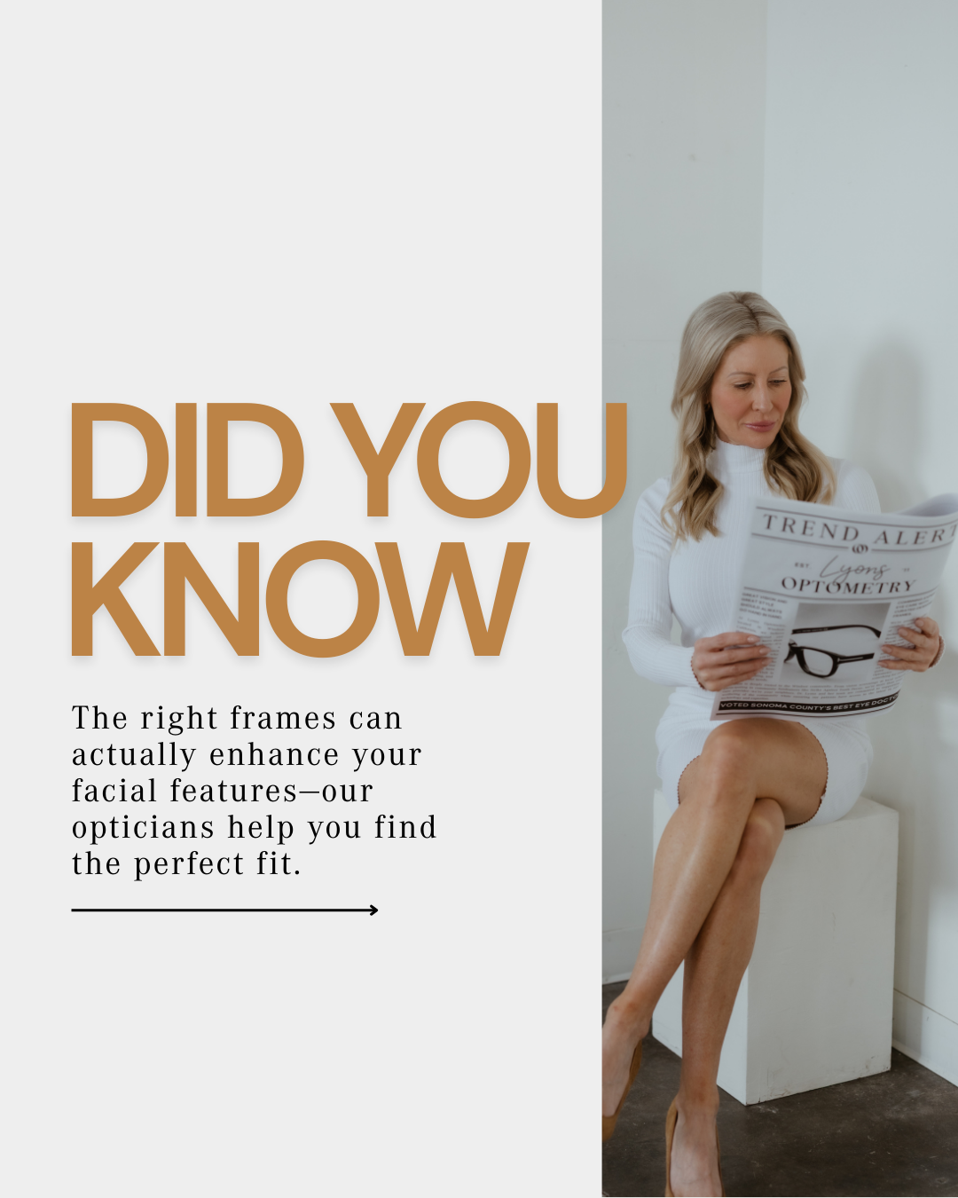 Woman reading a newspaper about optometry sitting on a white block, wearing a white dress and high heels.