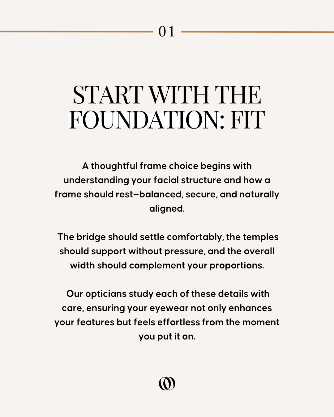 Page titled "Start with the Foundation: Fit" with a paragraph about understanding facial structure and choosing a supportive frame for eyewear, from a guide on eyeglass fitting.