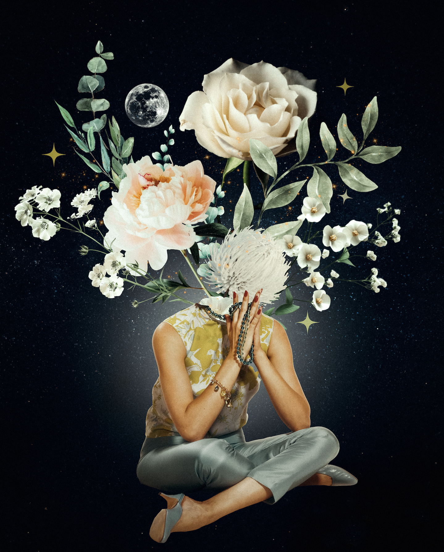 A woman with a floral headdress kneeling with her hands clasped in prayer against a starry night sky background, with large flowers, leaves, the moon, and stars floating around her head.