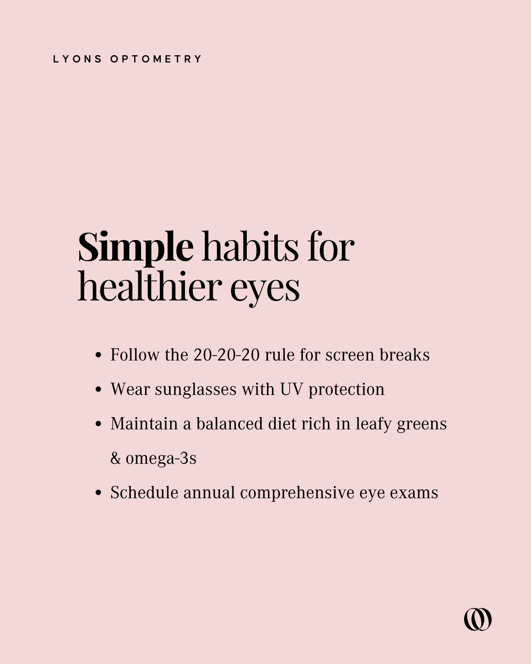 Pink informational graphic with tips for healthier eyes, including the 20-20-20 rule, UV protection, balanced diet, and annual eye exams.