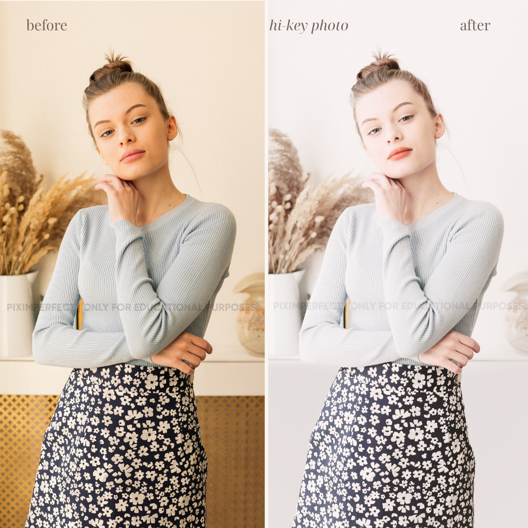 Side-by-side comparison of a young woman with her hair in a bun, wearing a ribbed long sleeve gray top and a black skirt with white floral pattern, posing with one hand near her face, in a room with dried flowers in vases. The left image is labeled '