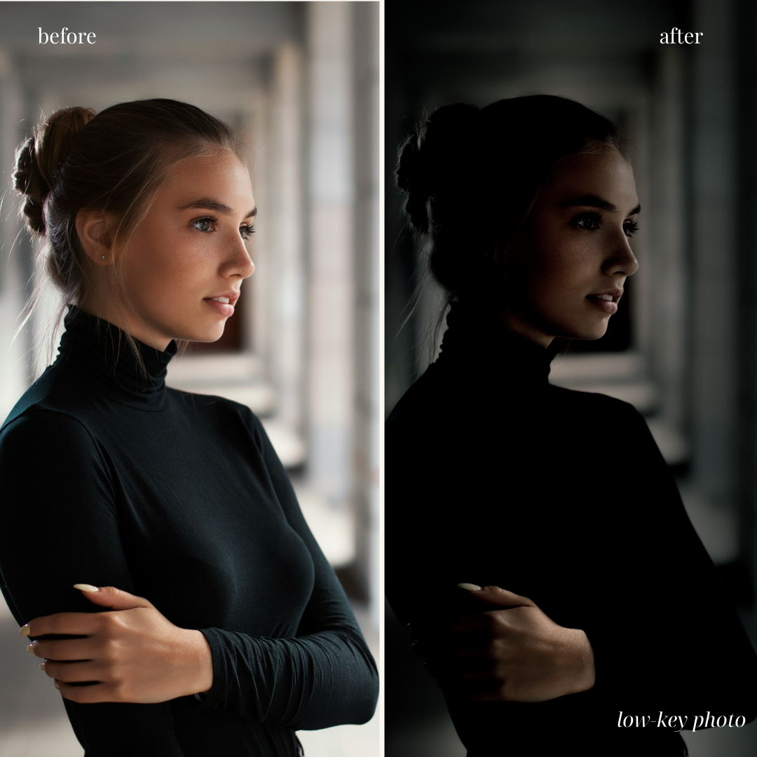 Comparison of a young woman with blonde hair in a black turtleneck, showing a bright, well-lit portrait on the left and a dark, low-key version on the right.