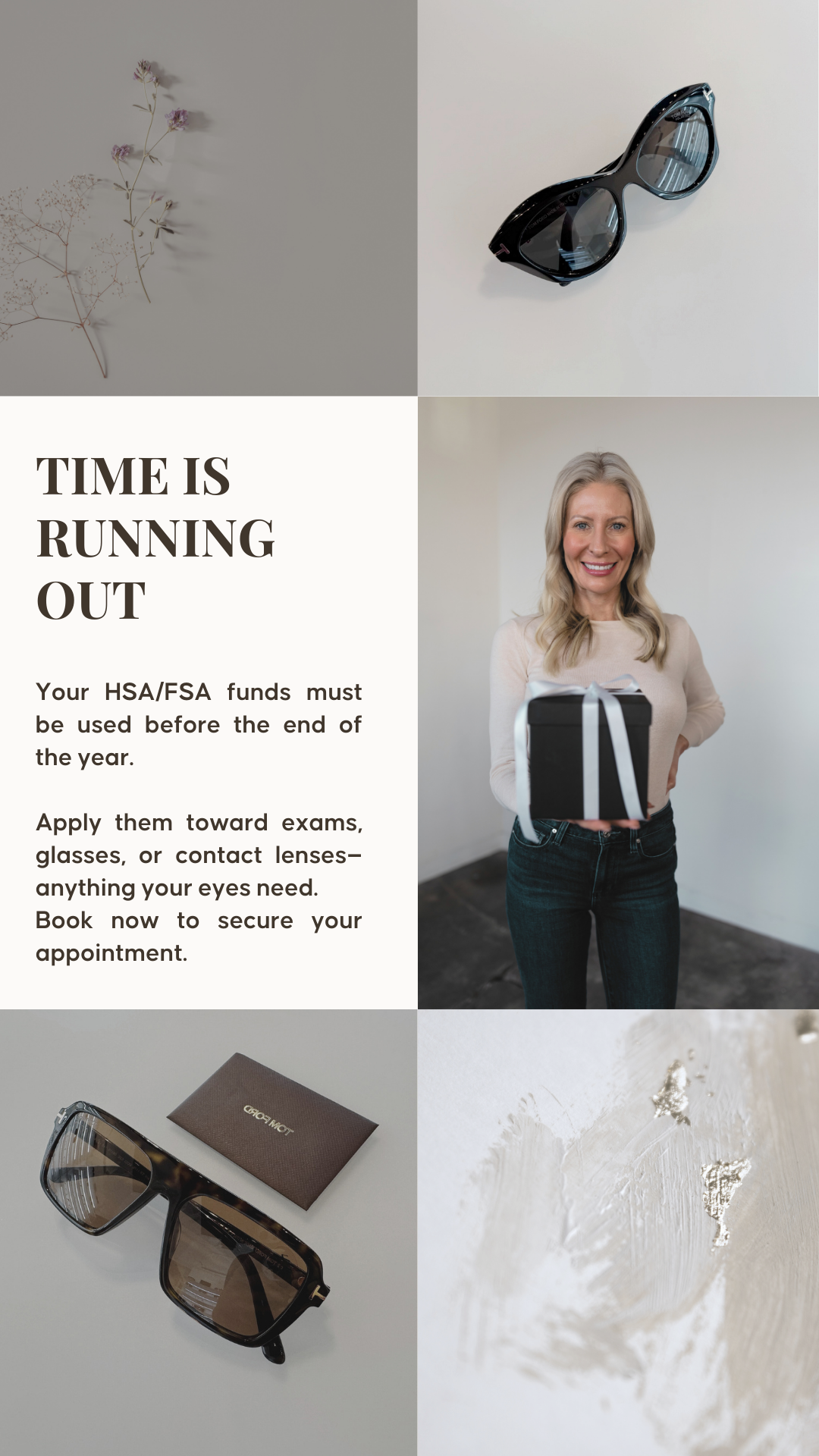 A collage featuring a pair of sunglasses, a woman holding a gift box, a pair of glasses with a case, dried flowers, and a textured white wall.