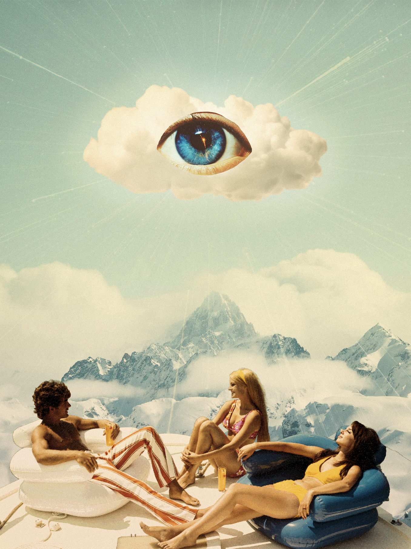 Three women relaxing on pool floats and chatting with each other on a sunny day, with a mountain range and clouds in the background, and a large eye in a cloud in the sky.