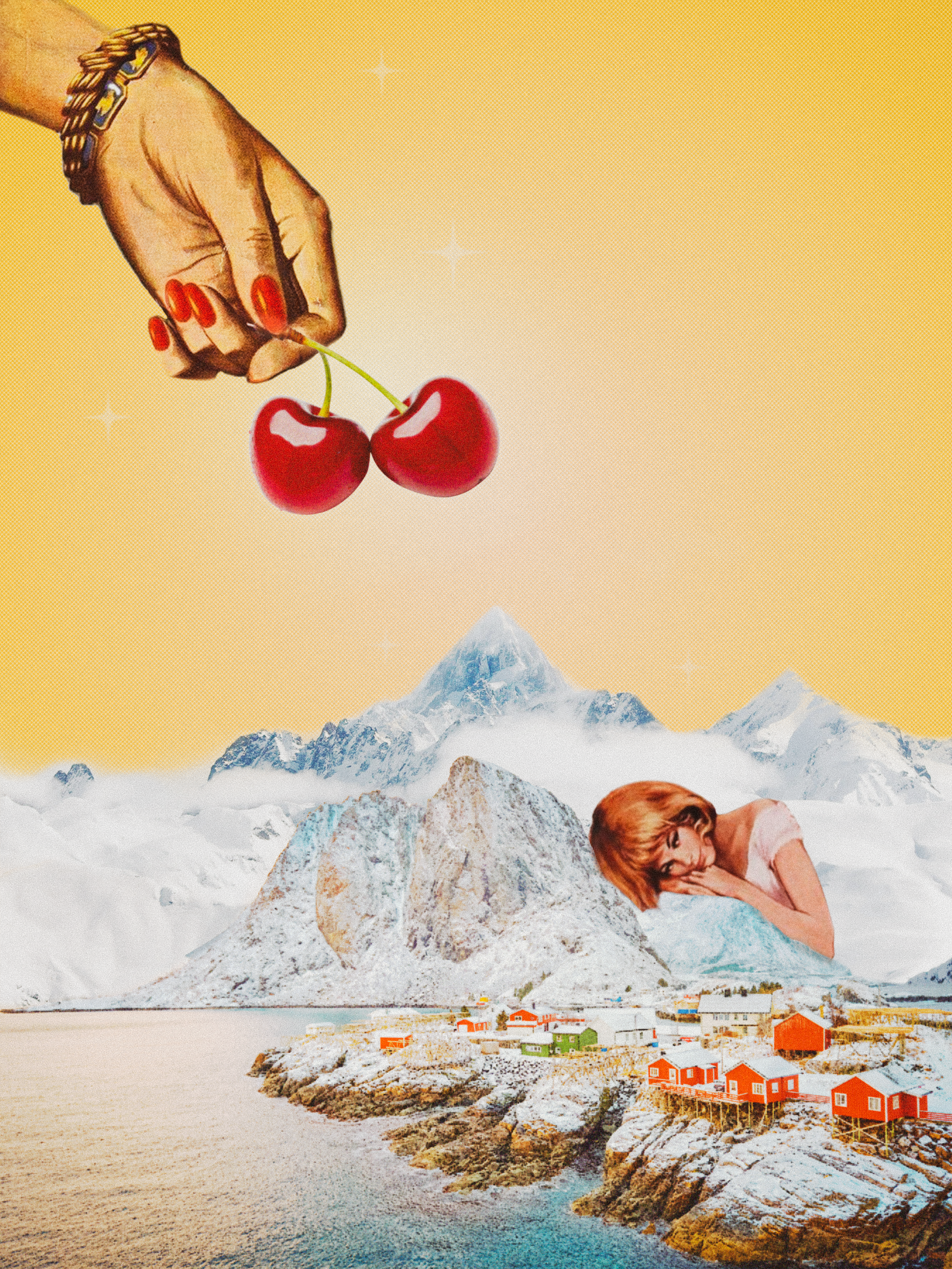 A surreal collage featuring a hand with red nails holding two cherries above a mountain landscape, with a woman sleeping on one of the mountains, and a small village by the water in the foreground.