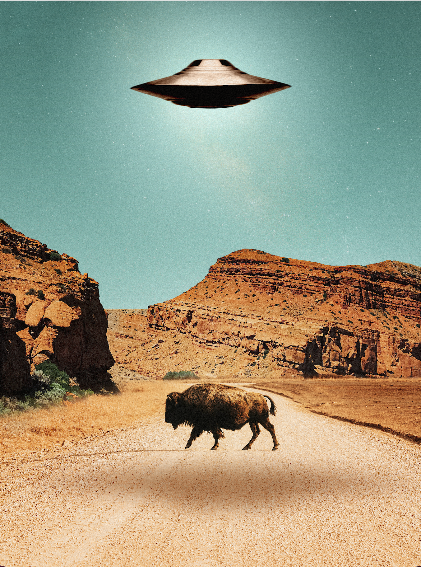 A desert landscape with rock formations and a bison walking across a dirt road. In the sky, there is a large flying saucer-style spacecraft.