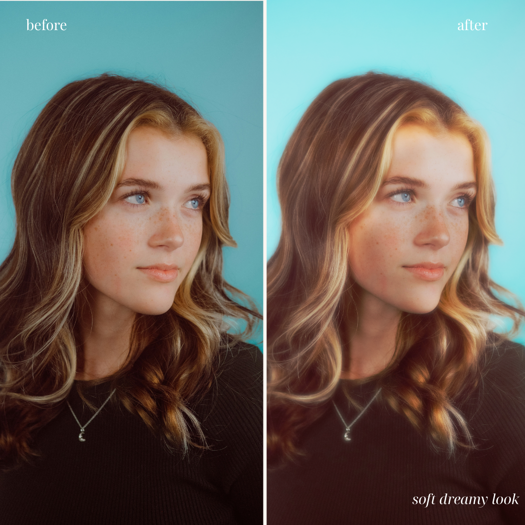 A side-by-side comparison of a young woman's portrait labeled 'before' and 'after' showing a photo editing process that creates a soft, dreamy look, enhancing the skin's smoothness and lighting.