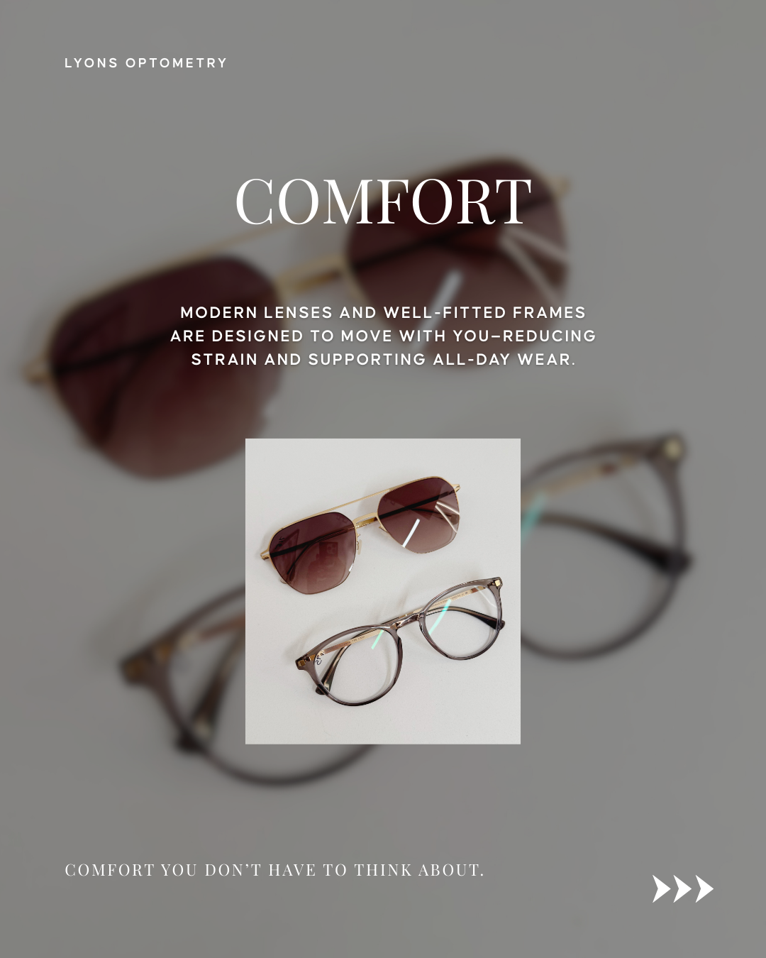 Display of two pairs of modern eyeglasses and sunglasses on a white background, promoting comfort and stylish fit.