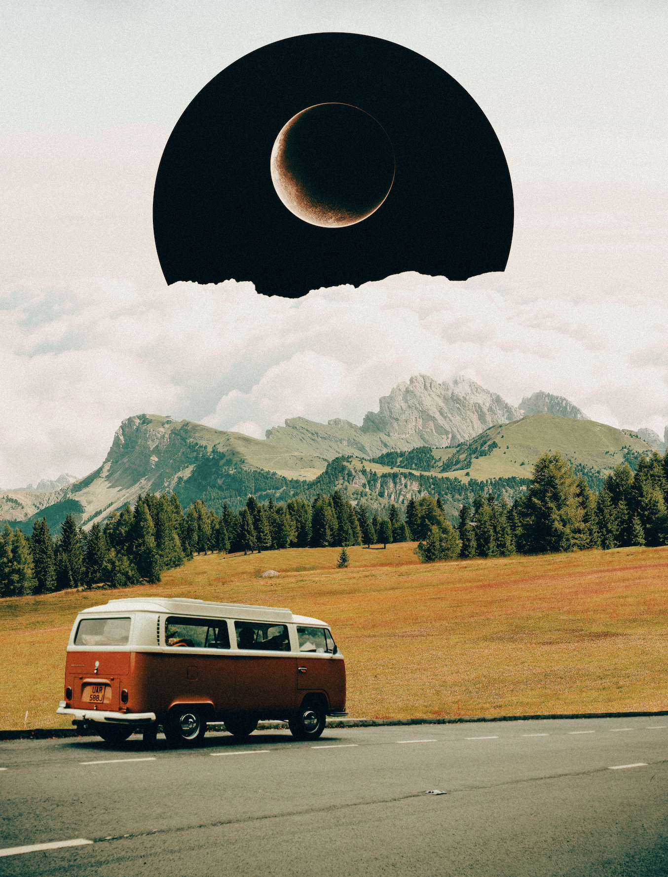 A vintage red and white van parked on the side of a road in a mountainous landscape. The background features green hills and rugged mountains under a cloudy sky. A large celestial body, resembling a moon or planet, is superimposed above the mountains