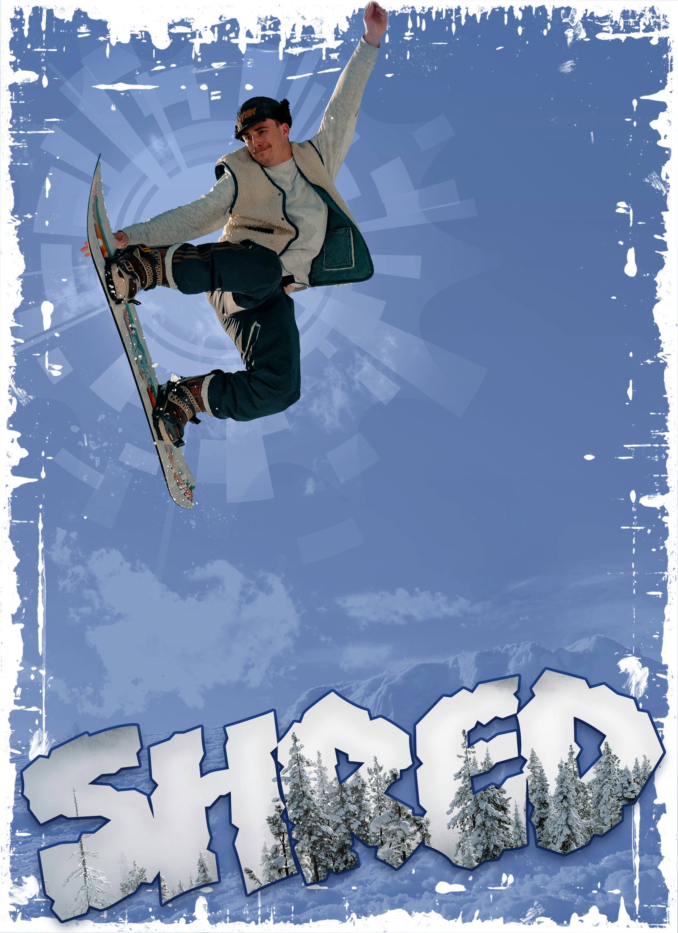 A snowboarder riding a snowboard in mid-air with a blue sky and snow-covered trees and mountains in the background. The word "SHRED" is written in large, stylized letters at the bottom of the image.