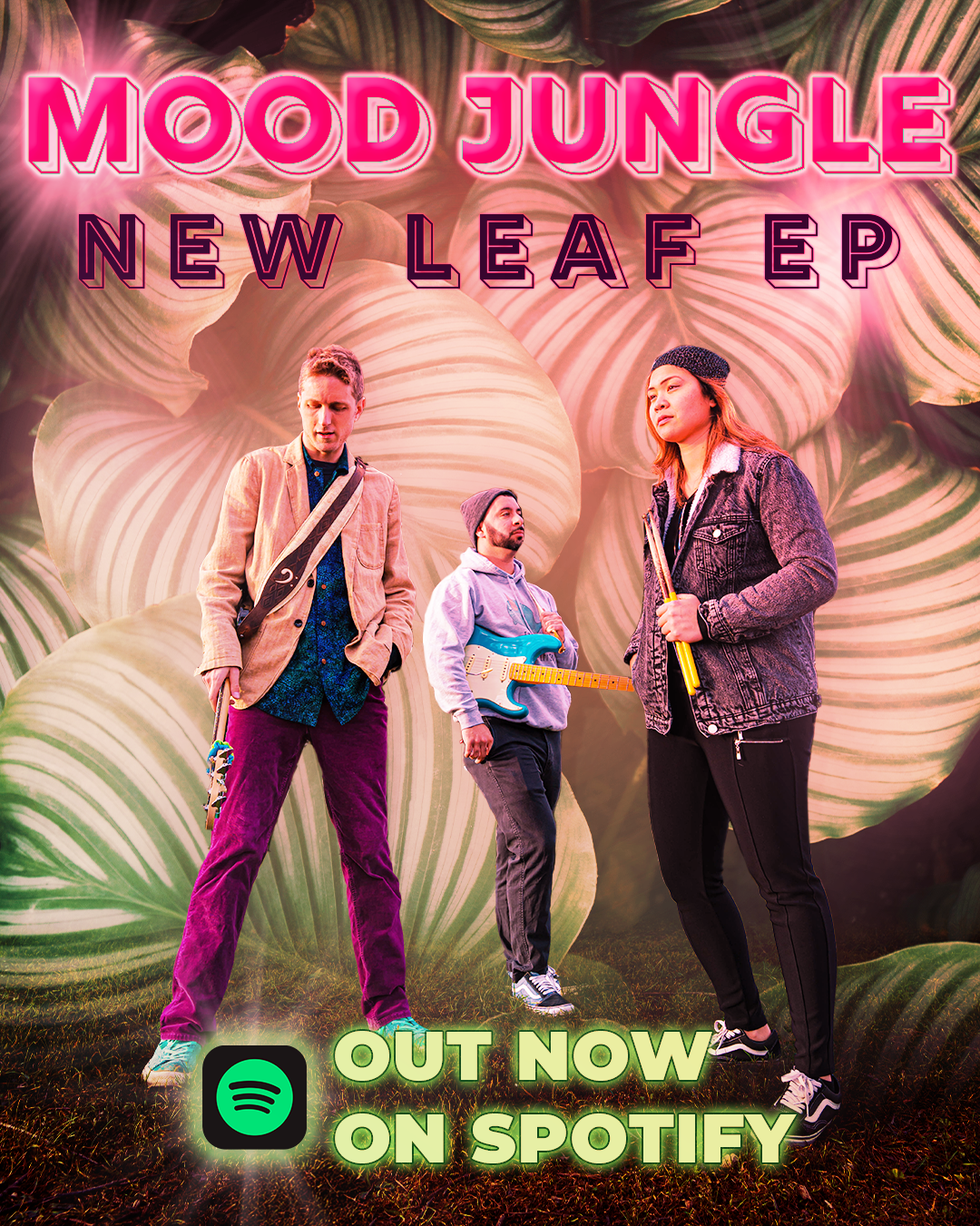Promotional poster for 'Mood Jungle,' an EP by New Leaf, featuring three band members standing in front of a colorful, tropical leaf background. Text indicates the EP is out now on Spotify.