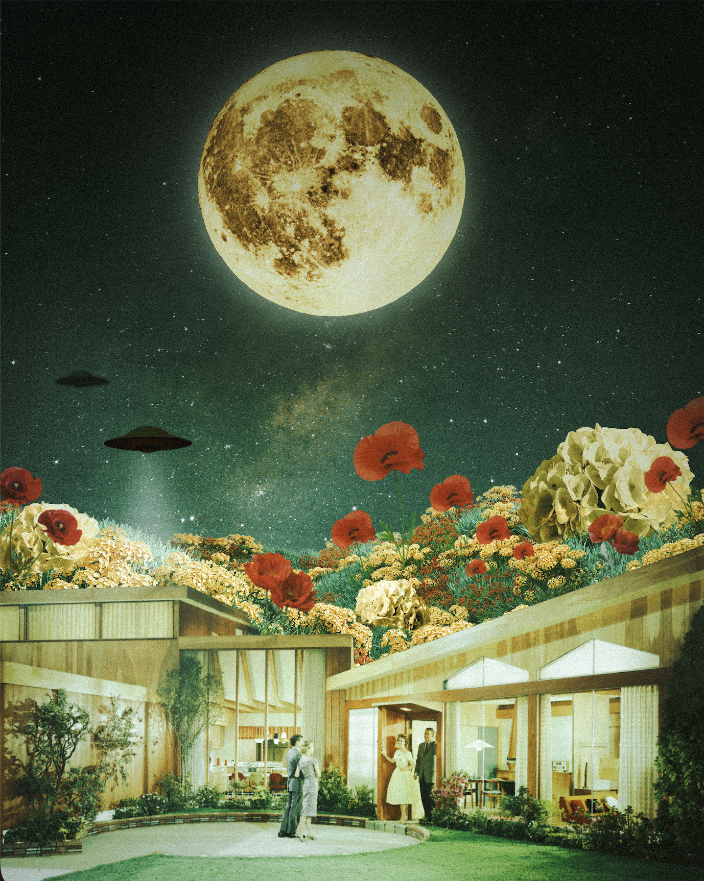 A surreal scene with a large moon, UFOs, and a starry sky above a modern building with people inside.