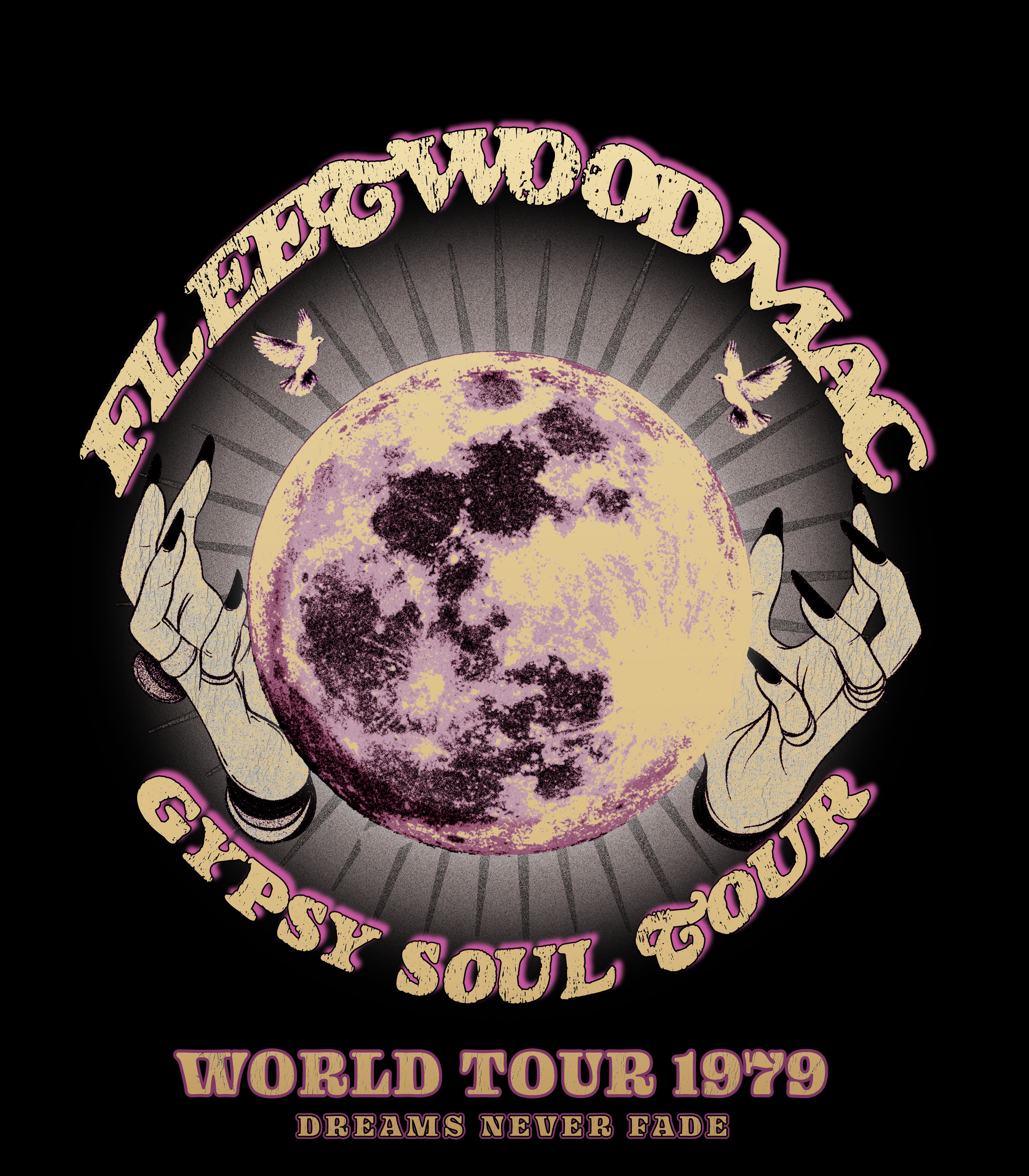 Illustration of a moon with two hands holding it, surrounded by text reading "FLEW WITH LOVE, GYPSY SOUL TOUR, WORLD TOUR 1979, DREAMS NEVER FADE."