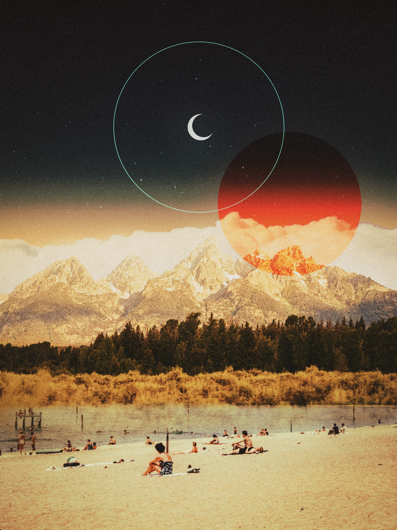 A surreal landscape with a beach in the foreground, mountains in the background, and a night sky with a crescent moon and stars. Two overlapping circles—one blue with the moon, one red with clouds—are in the sky.