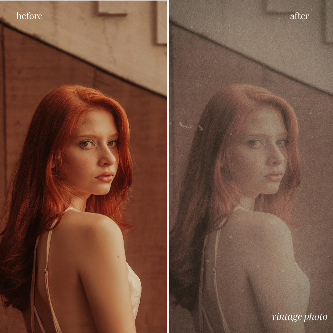 Comparison of a young woman with red hair in a modern color photo on the left and an aged, faded vintage-style photo on the right.