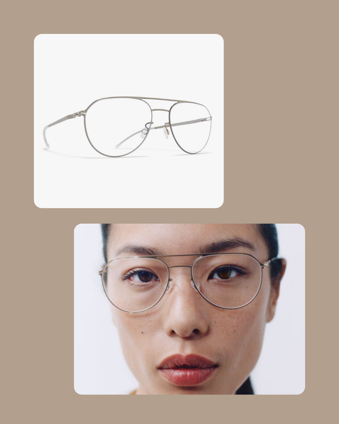 A pair of silver aviator-style glasses and a woman wearing similar glasses, close-up