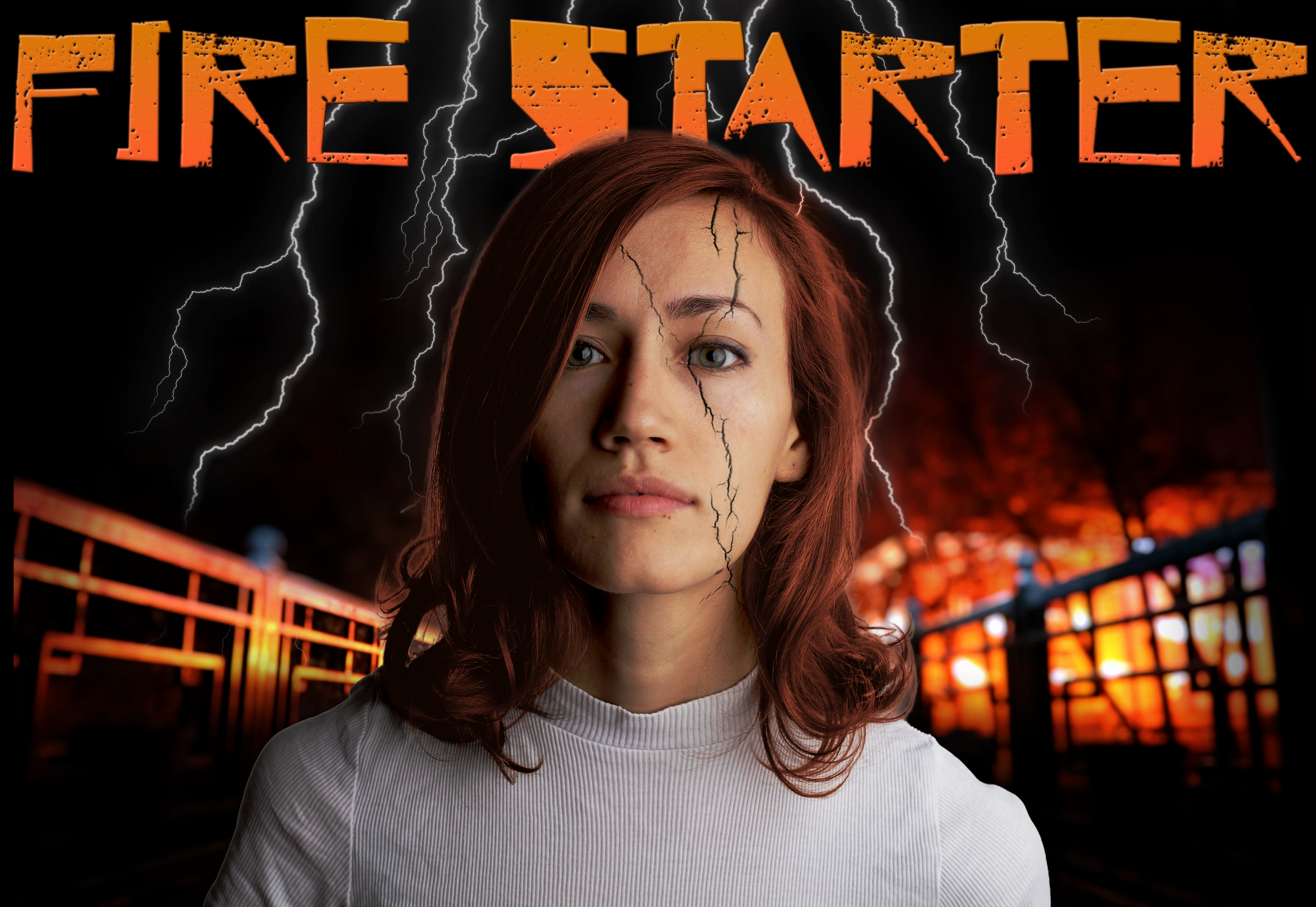 A woman with long reddish hair and a serious expression, with cracks on her face, stands in front of a dark background with lightning and a fiery, burning scene. The words 'FIRE STARTER' are displayed above her in bold, distressed orange letters.