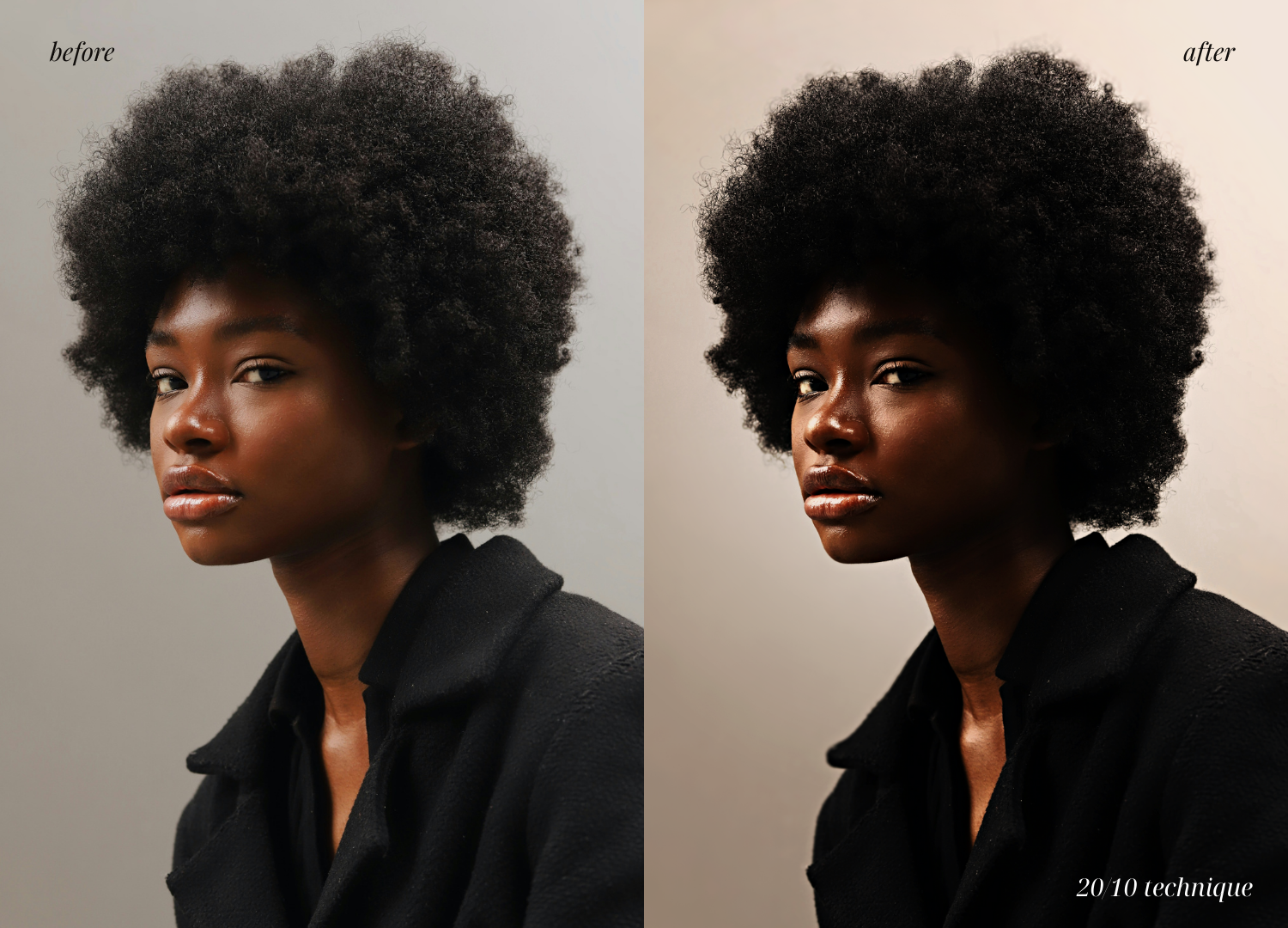 Comparison of a portrait of a woman with natural hairstyle before and after applying a 2010 editing technique, showing improved lighting and skin tone in the after image.