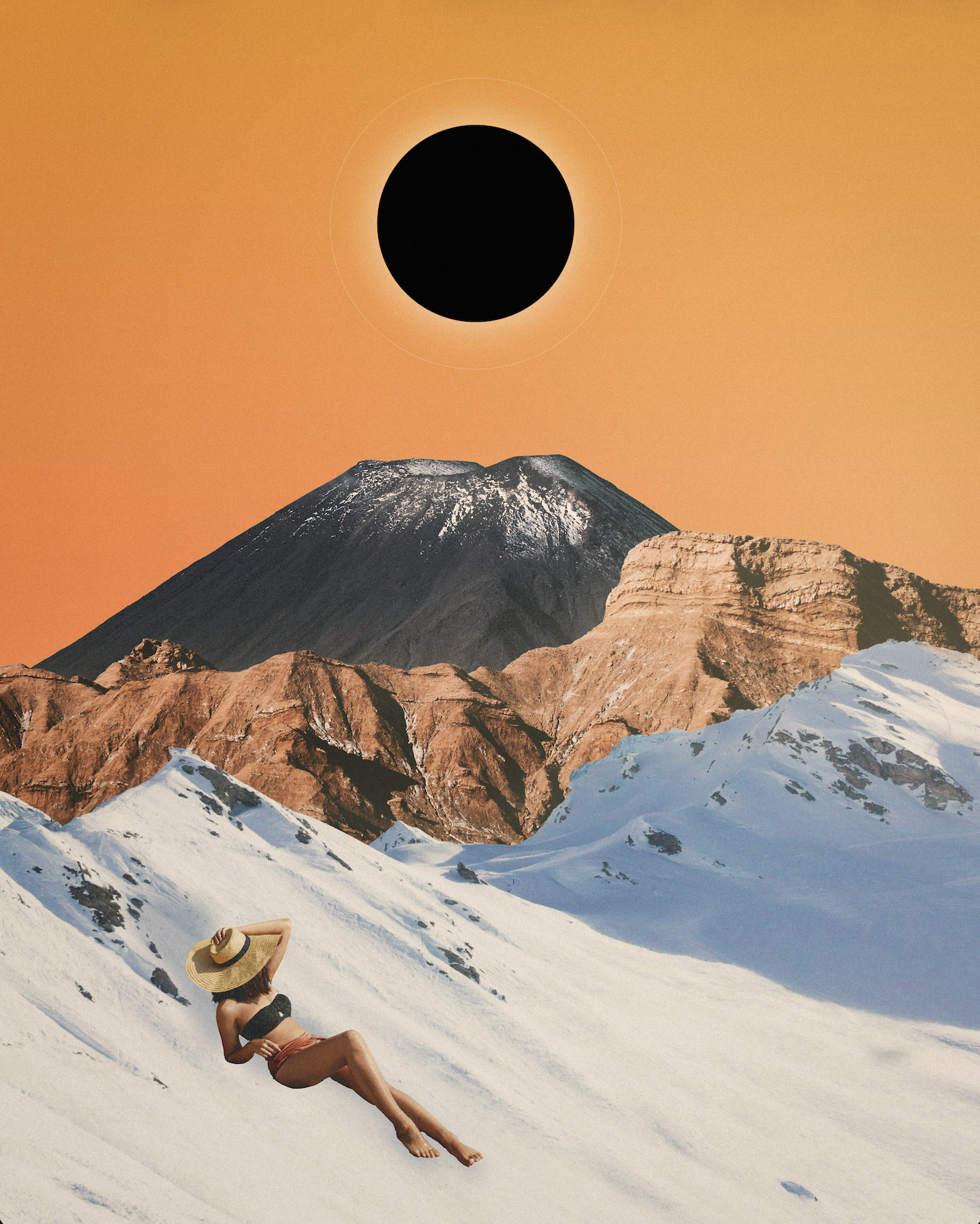 A woman wearing a black bikini and a wide-brimmed hat reclining on snow-covered mountains with a volcano and a solar eclipse in the sky